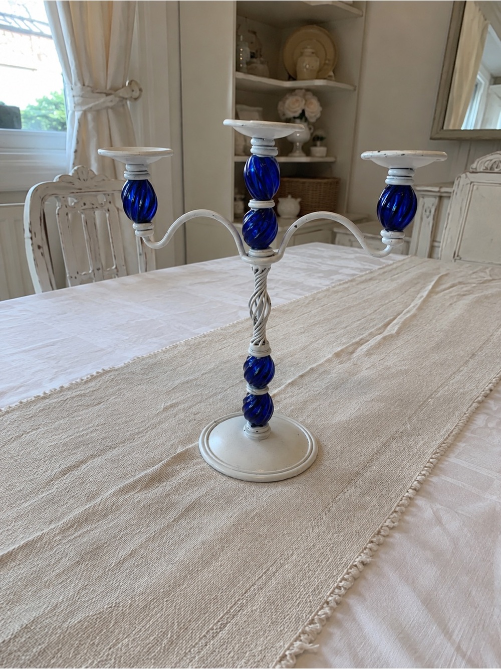 Vintage Candelabra White Metal Blue Glass Heavy‎ Solid Home Decor Candle Holder